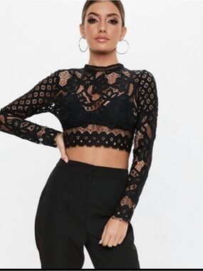 Missguided Black Crochet Lace Long Sleeve Crop Top NWT